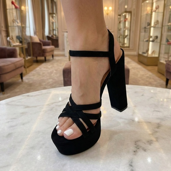 NWT Pazzle Black Strappy Platform Heels | 5.5" Chunky Block Heel Sandal Sexy - Picture 2 of 6